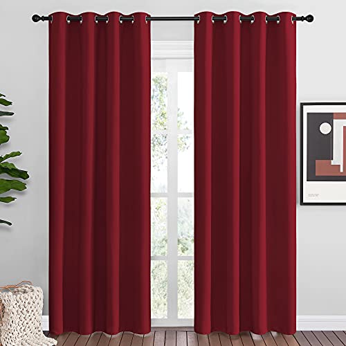 Image of NICETOWN Christmas Burgundy Blackout Curtains Grommet - Home Decorations Thermal Insulated Solid Grommet Top Blackout Living Room Panels /Drapes for Gift (1 Pair, 55 x 86 inches, Red)