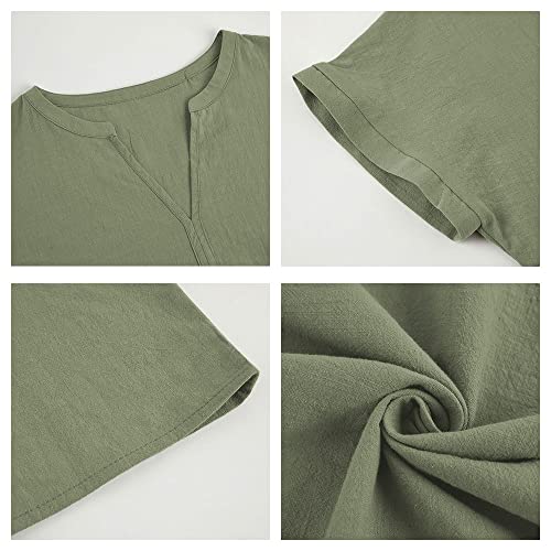 Ziwoch Women's Split V Neck Loose Fit Short Sleeve Blouses Summer Casual Cotton Linen Tops Shirts (Green Medium) #TOP3
