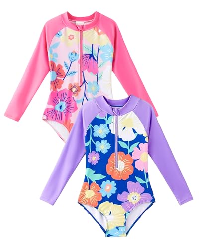 Angel season Girls Long Sleeve Swimsuit with Front Zipper and One Piece Rash Guard Bathing Suit Bundle