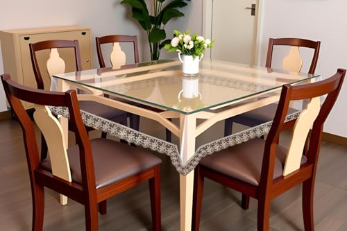 Image of The Furnishing Tree Square Shaped 4 Seater Transparent Table Cover WxL 60x60 inches 0.25 mm Thickness with Golden Lace
