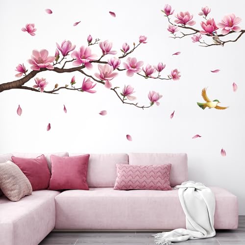SHUCHING Stickers Muraux Branche à Fleurs Roses, Autocollant Mural Magnolia Rose, Décoration Murale pour Salon Chambre