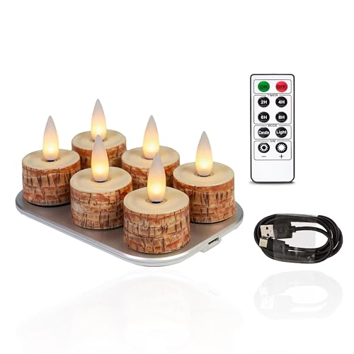 Image of Rechargeable Flameless Tealights Candle with Remote Timer, 3D Moving Flame Real Wax Led Tealight Candles (Rech-6Tealight-Palm Bark, 1.4in)