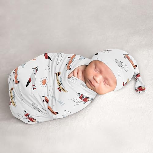 Sweet Jojo Designs Vintage Airplane Boy Baby Cocoon Swaddle and Beanie Newborn Jersey Set Infant Wearable Blanket Going Home Outfit Set Air Plane Transportation Clouds Sun Aviator Red White and Blue