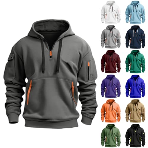 Mens Tactical Hoodie Plus Size Vintage Quarter Zip Pullover Comfy Oversized Military Tactical Shirt with Pockets
