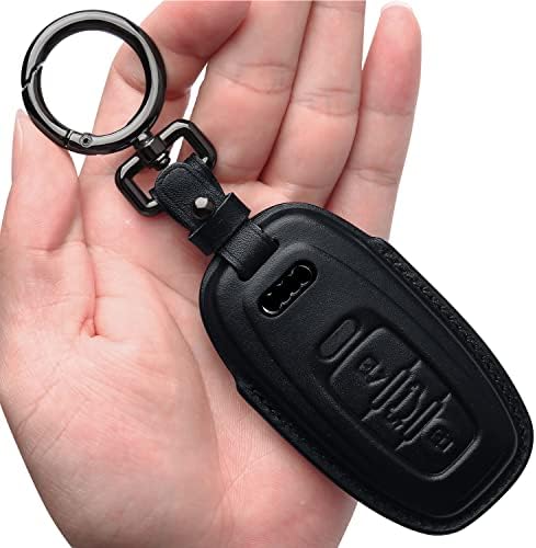 Tukellen Compatible with Audi Key Fob Cover Genuine Leather with Keychain,Leather Key Case Key Shell Compatible with Audi R8 Q5 Q7 S3 S4 S5 S6 S7 S8 SQ5 RS5 RS7 A4 A5 A6 A7 A8 Keyless Entry-Black