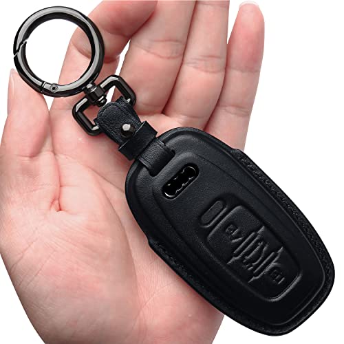 Image of Tukellen Compatible with Audi Key Fob Cover Genuine Leather with Keychain,Leather Key Case Key Shell Compatible with Audi R8 Q5 Q7 S3 S4 S5 S6 S7 S8 SQ5 RS5 RS7 A4 A5 A6 A7 A8 Keyless Entry-Black