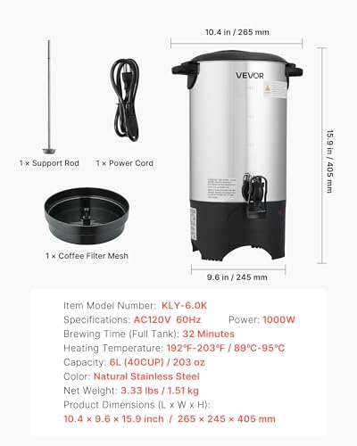 Image of VEVOR Commercial Coffee Urn, 40 Cup 6 L Hot Beverage Dispenser with Dripless Faucet, Quick-Brewing Commercial Coffee Maker, with Stainless Steel Liner, for Catering, Business, Church & Restaurant
