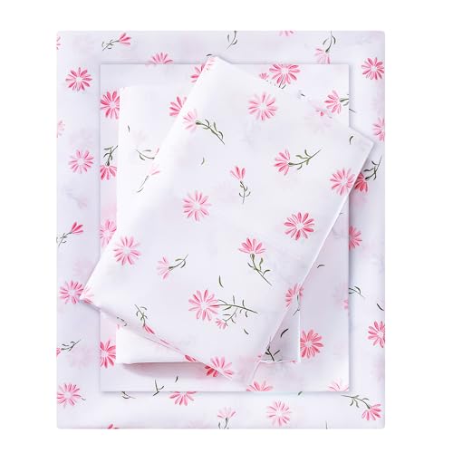Image of Mooreeke Cozy Vintage Microfiber Printed Floral Twin Sheet Set - Soft & Breathable Pink Daisy Bed Sheets with Extra Deep Pocket - Non-Slip Fitted Design - Daisy Pattern - Twin