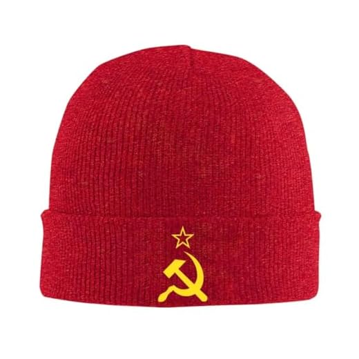 GONMFKM Bonnet Tricoté avec Drapeau Soviétique Russe de L'Urss - Symbole Pentagramme Imprimé - Bonnet Tricoté Chaud - Bonnet D'Extérieur pour La Pêche, l'escalade, Le Ski - Rouge - Taille Unique