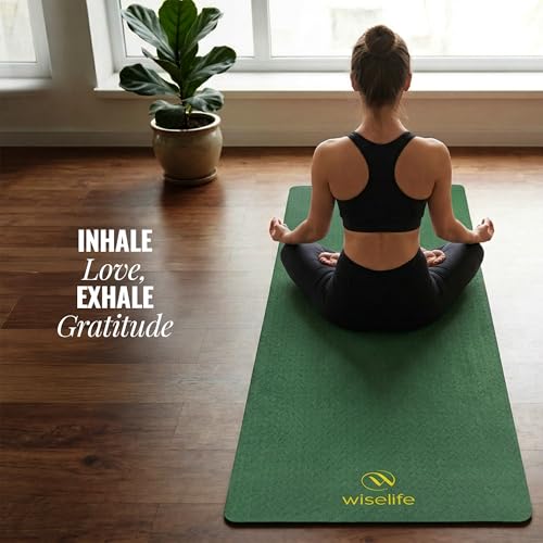 Image of WiseLife Classic Eco-TPE 8 MM Yoga Mat with Yoga Strap for Men & Women | Extra Thick, Long & Wide Non-Slip, Anti-Tear Exercise Mat for Home, Gym, Workout, Fitness, Yoga & Pilates (Green)