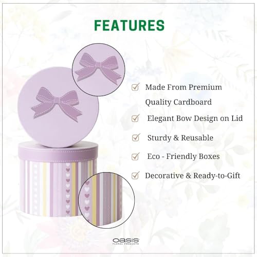 Image of Oasis Pack of 2 Flower Hamper Boxes With Lid | Classic Bouquet Box for Flower Arrangements & Gift Hampers | Decorative Gift Packaging Box With Waterproof Liner - Lavender Heart Stripe