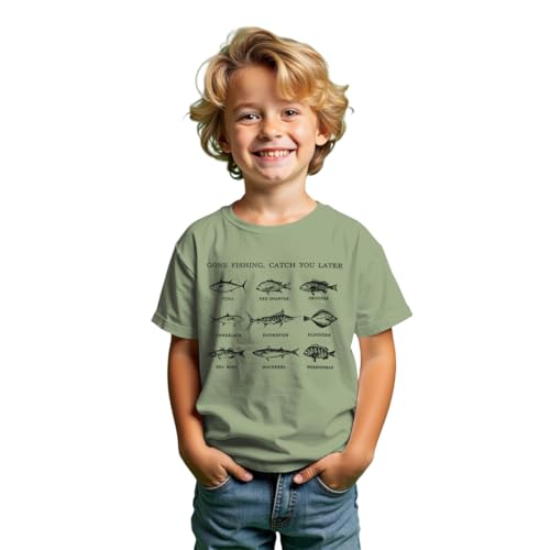MODNTOGA Toddler Boy Gone Fishing Shirt Funny Fish Print T-Shirt Kids Baby Fish Graphic Tee Tops Short Sleeve Summer Outfit (Green,18-24 Months)
