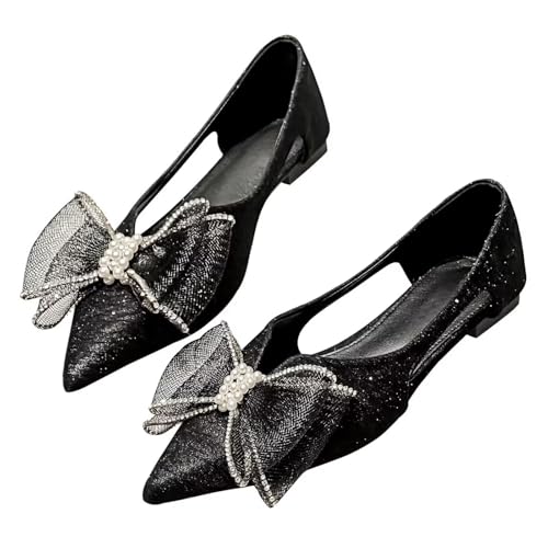 SAILING LU Womens Pearl Bowtie Pointed Toe Ballet Flats Wedding Hollow-Out Bow-Knot Shoes Dressy Slip-on