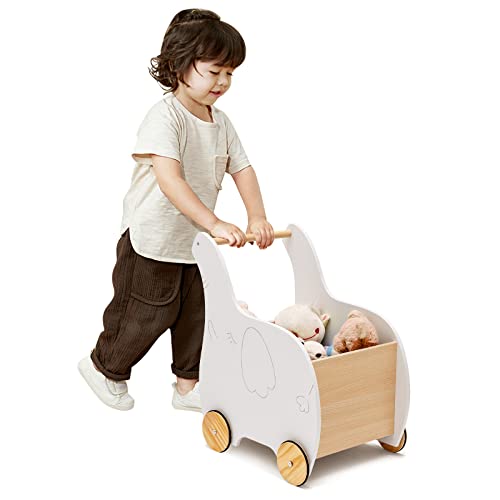 GOPLUS Andador de Bebé con Caja de Juguetes, Carrito de Empuje Infantil 2 en 1 con Rueda, Andador de Aprendizaje de Madera en Forma de Elefante, Gran Capacidad de Almacenamiento, para Niños de 1+ Años
