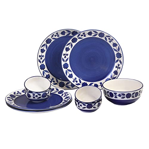 Image of Blossomy /Flowery Hand-Painted Ceramic Dinner Set (9 Pieces, 4 Bowl & 4 Plates and 1 Large Serving Bowl Dishwasher & Microwave Safe)