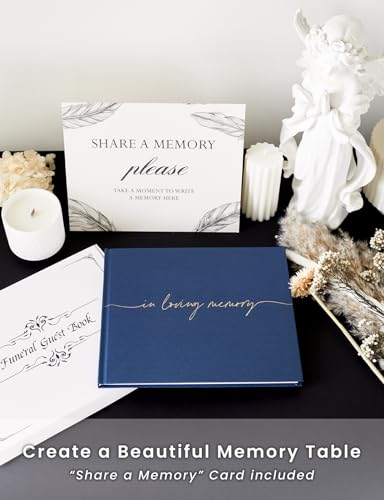 Image of Funeral Guest Book for Memorial Service, in Loving Memory 9x7.5 | 320 Entries, Table Sign Card Included, Gold Stamping, Twill-Textured Paper Cover, Celebration of Life Keepsake, Navy