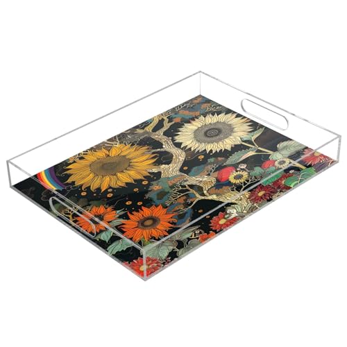 IOACIY Clear Serving Tray 12x16 Inches Acrylic Decorative Tray Organiser for Ottoman Coffee Table Countertop with Handles, Sunflower (3)