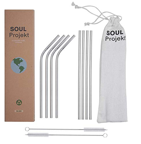 SOUL PROJEKT Recyclable Stainless Steel Silver Straws (x8) BPA Free Drinking Straws with Free (2) Cleaning Brushes & Pouch, Eco Friendly