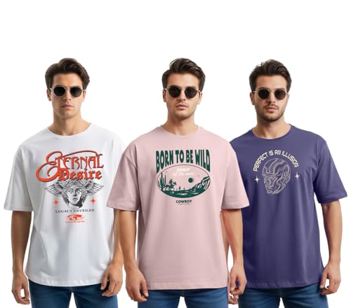 Image of Cotton Blend Oversized Baggy Fit Drop Shoulder Round Neck Graphic Printed Half Sleeve T-Shirt Combo for Men (Pack of 3)