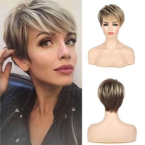 Swiking Short Pixie Cut Light Blonde Mix Brown Layered Ombre Wig with Bangs Women Fluffy Natural Synthetic Heat Resistance Hair Wigs