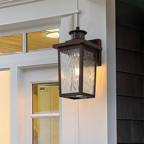 Image of Oil Rubbed Bronze Motion Sensor Outdoor Wall Light Fixture 2 Pack, Dusk to Dawn Outside Lights with Clear Water Glass, Outdoor Wall Light for House Entryway Garage