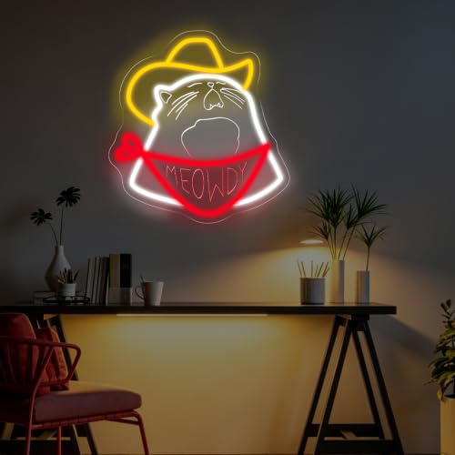 Image of Cowboy Cat Neon Sign Meowdy Cat Led Light Kids Room Decor | USB Powered Dimmable Home Wall Decor Room Decoration 13 inchx12.2 inch