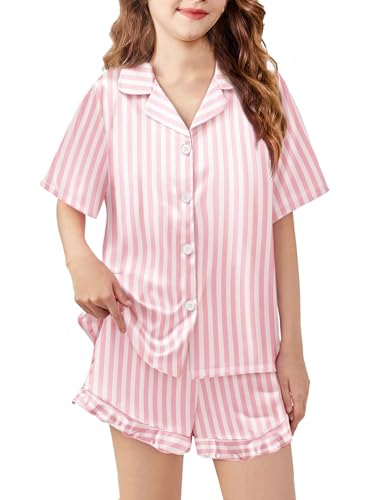 Arshiner Girls Pajamas Silk Satin Pajama Set 2 Piece Button Down Pjs Ruffle Sleepwear