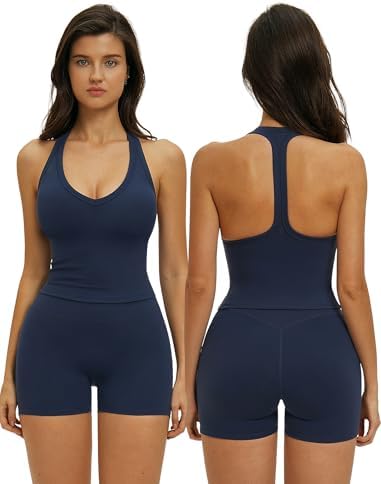 ABOCIW Workout Sets for Women 2 Piece Padded V Neck Racerback Tan...