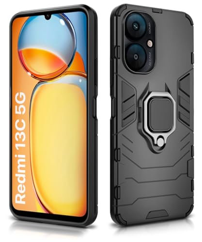 Image of WOW IMAGINE Shock Proof Back Case Mobile Cover for Xiaomi Redmi 13C 5G | Poco M6 5G | Bumper Case (Tough Armor | Hybrid PC + TPU | Full Protection with Ring Holder & in-Built Kickstand | Black)