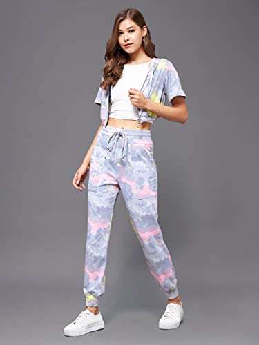Image of Miss Chase Women's Multicolored-Base-Grey Round Short Polyester Tie & Dye Crop Regular Co-ord Set (MCSS22C01-01-175-01, Multicolored-Base-Grey, XXS)