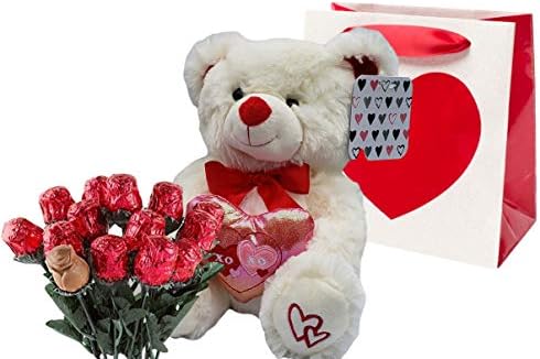 Valentines Day Gift Basket | 10 Inches Teddy Bear Plush (Color May Vary), Valentine Theme Gift Bag & A dozen Belgian Milk Chocolate Roses Bouquet 2.11 ounce | For Her Wife Girlfriend Mother Daughter
