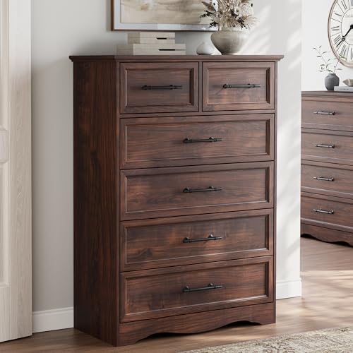 Image of Bedroom Set, 4 Pieces Bedroom Furniture Set, 47 inch W 7 Drawer Dresser, 44 inch H 6 Drawer Dresser and Nightstands with Charging Station, Farmhouse Storage Organizer Cabinet for Bedroom, Walnut
