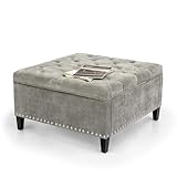 Homebeez Velvet Square Storage Ottoman Bench, Coffee Table Footstool with Wooden Legs, Versatile Footrest for Living Room,Light Grey