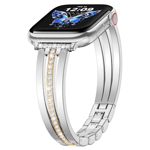 Image of AIRSPO Slim Gold Band Compatible with Apple Watch 38 /40 /41 /42 /44 /45 /46mm Women Metal Dressy Jewelry Bracelet with Bling Diamond for iWatch Series 10-3 /SE (Gold and Silver, 38 /40 /41 /42mm(Series 10))