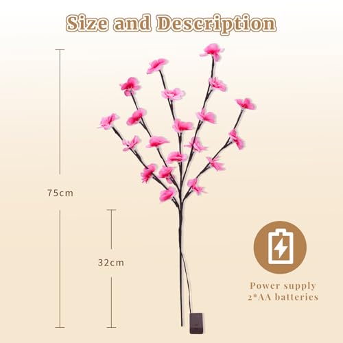 BomKra 2Pcs Cherry Blossom Branches Lights,30in Cherry Blossom Fairy Lights Decor Gift with 40 LED, Battery Powered, Valentine's Day Decorations Indoor for Vases Wedding Party Home Indoor Decor - image 5
