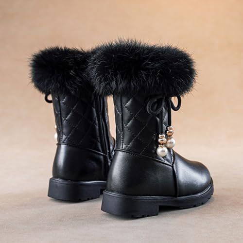 Girls Winter Mid-Calf Leather Warm Fur Boots Side Zipper Bowknot Pearl Princess Booties2