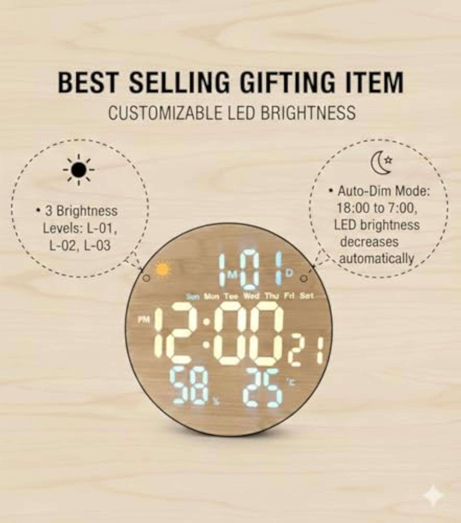 Urban Wooden Round Digital Wall Clock with Remote Control