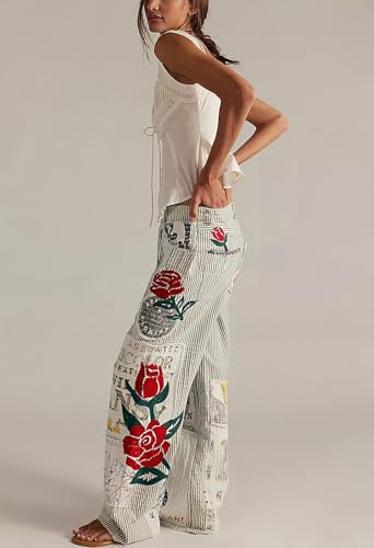 ebossy Women's Embrodiery Floral Barrel Jean Elastic High Waist Striped Wide Leg Patchwork Baggy Denim Pants4
