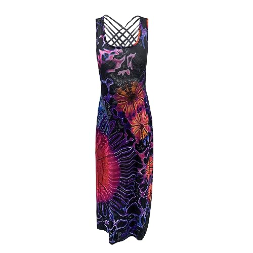 Image of Women Sexy Backless Maxi Dress Y2k Tie-Dye Print U-Neck Sleeveless Fashion Cross Backless Party Dress
