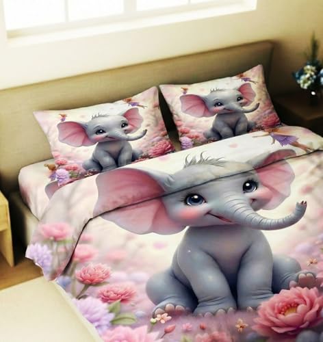 Image of Home Sizzler Premium 7D Kids Soft Microfiber Double Bedsheet with 2 Pillow Covers - Soft, Breathable, Cute 3D Baby Elephant & Pink Floral Fairy Print