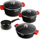  WECOOK Ecostone Batería de Cocina inducción 4 Piezas de Aluminio Fundido 3 Capas Antiadherente sin PFOA, Set cazuelas Tapa Cristal, Asas Silicona, 5mm Espesor, lavavajillas, vitroceramica, Gas, Horno