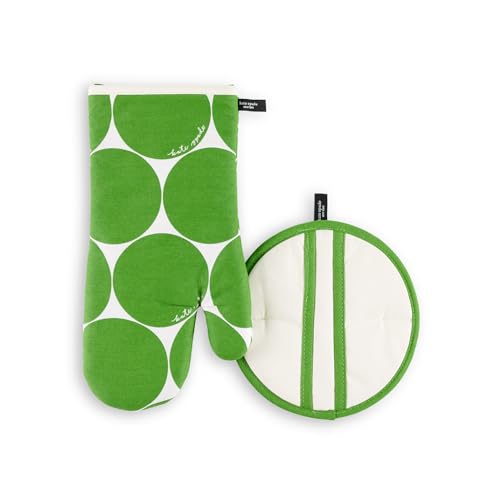 Kate Spade New York Joy Dot Oven Mitt & Pot Grabber 2-Pack Set, 7' x 13', 8' Round, Green/Cream