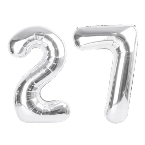 Image of 27 Balloon 40 inch Silver Number Balloons for 27 Birthday Party Decoration | Saturated Color, Large 40 in, With Straw & Hanging Hole, For Graduation Season, Thanksgiving, Anniversary, Christmas
