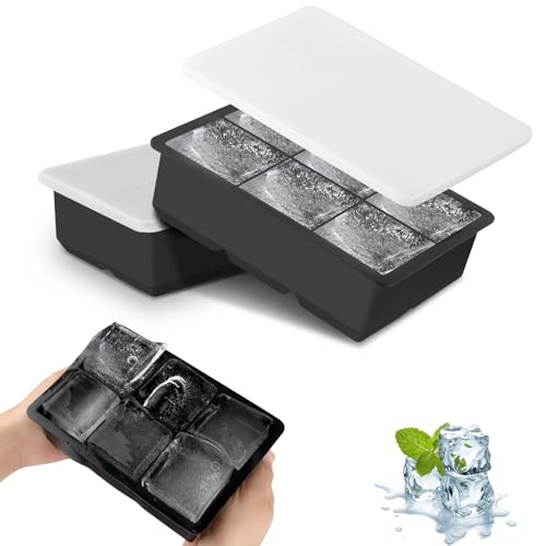 JOPHEK Bandejas de Cubitos de Hielo, 2 Piezas 12 Cubos Silicona Moldes para Cubitos de Hielo con Tapa, Cubitos de Hielo Cuadrados Grandes de 4,8cm para Cócteles, Whisky, Vino, Frutas, Puré de Frutas