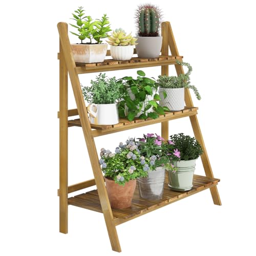 Outsunny Étagère à fleurs support plantes intérieur supports de pots porte plante 3 niveaux pliable bois de sapin 80 x 37 x 93 cm charge max. 50 kg pour intérieur, cour, terrasse, balcon