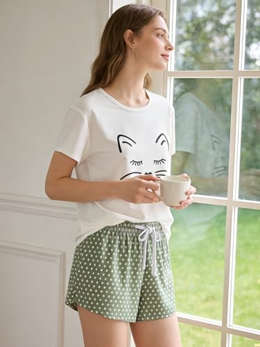 Image of VENTELAN Pajama Set For Women Cute PJS Summer Short Sleeve Shorts Sleepwear