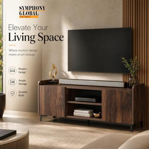 Image of Studio Kook Symphony Global 150 cm TV Unit, Junglewood | 150 cm engineered wood TV cabinet for 40-65 inch TVs, with two side cabinets, open shelves and a 70 kg tabletop capacity.