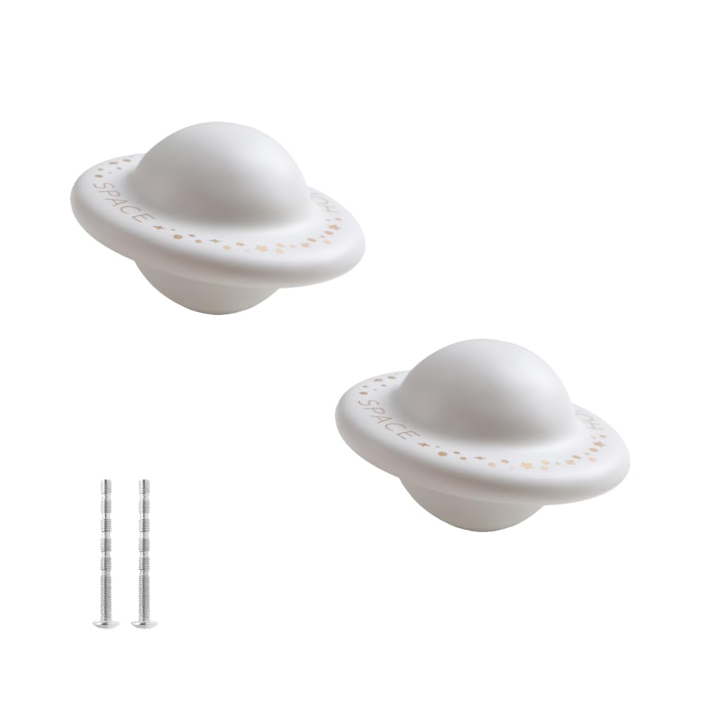 Pomelli per Mobili a Forma di Pianeta, Set di 2 Maniglie Decorative in Ceramica con Stelle Dorate (bianco)