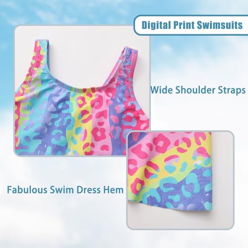 Image of Girls One Piece Swimsuits Leopard Bathing Suit for Kids Hawaiian Swimwear with Skirt Swim Dress 3-16 Years