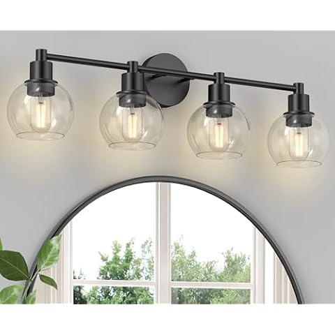 Espird 4 Lights Bathroom Vanity Light Fixtures Black, Bathroom Lights Over Mirror, Industrial and Farmhouse 4 Lights Wall Sconce, Matte Black Globe Vanity Lighting Fixtures Cover